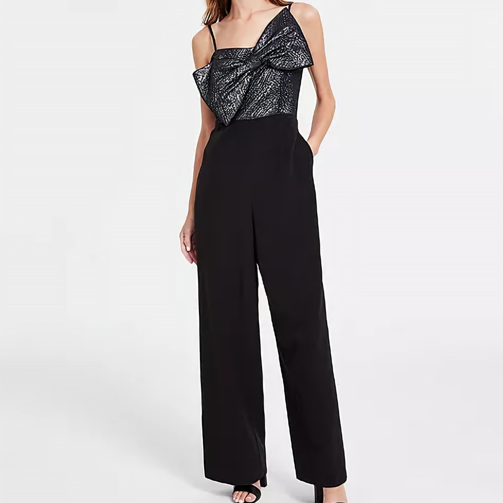 Anne Klein Oversized Bow Jacquard Bodice Black Jumpsuit Womens Size 6 NWT